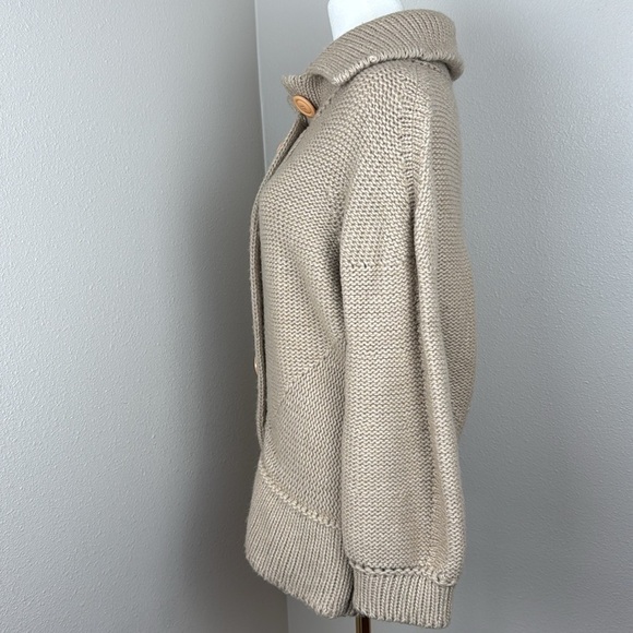 System Chunky Beige Oatmeal High-Neck Wool-Blend Button-Up Cardigan sz M - Picture 7 of 12